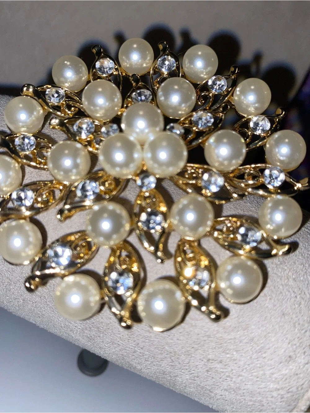 Gold Pearl and Crystal Floral Brooch